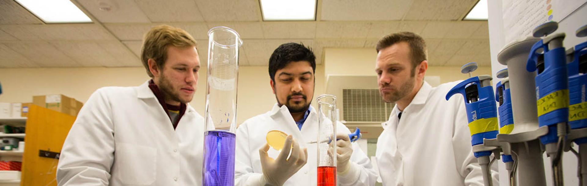 Dental research testing with three researchers in lab.